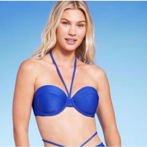 Shade & Shore Women's Lightly Lined Ribbed Halter Bikini Top Royal Blue NWT 32DD - Picture 2 of 9